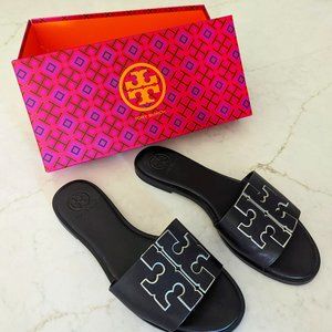 TORY BURCH Ines Black Slide Leather Sandals Size 7